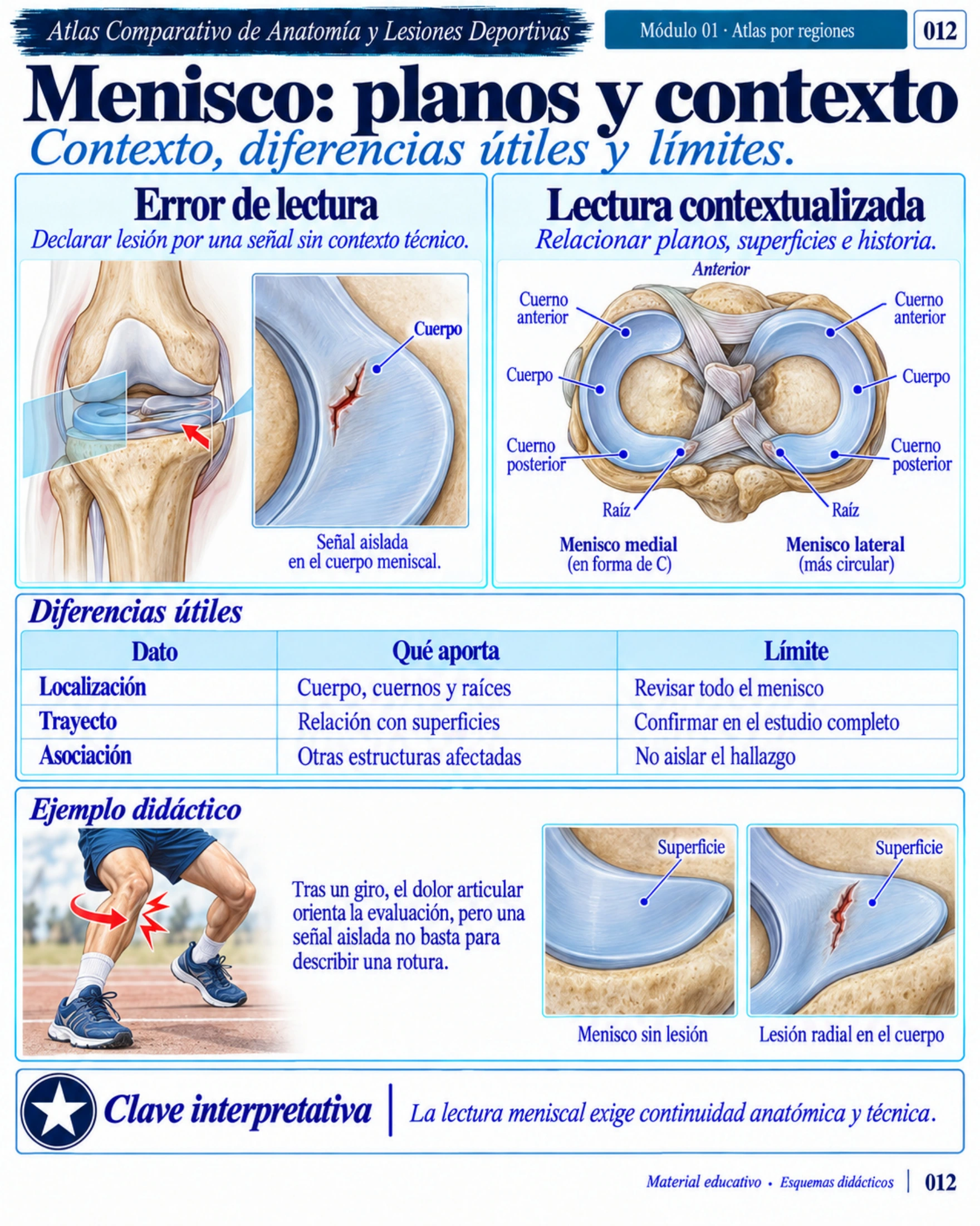 Página 12: Menisco: planos y contexto. Muestra original de la biblioteca educativa de lesiones deportivas.