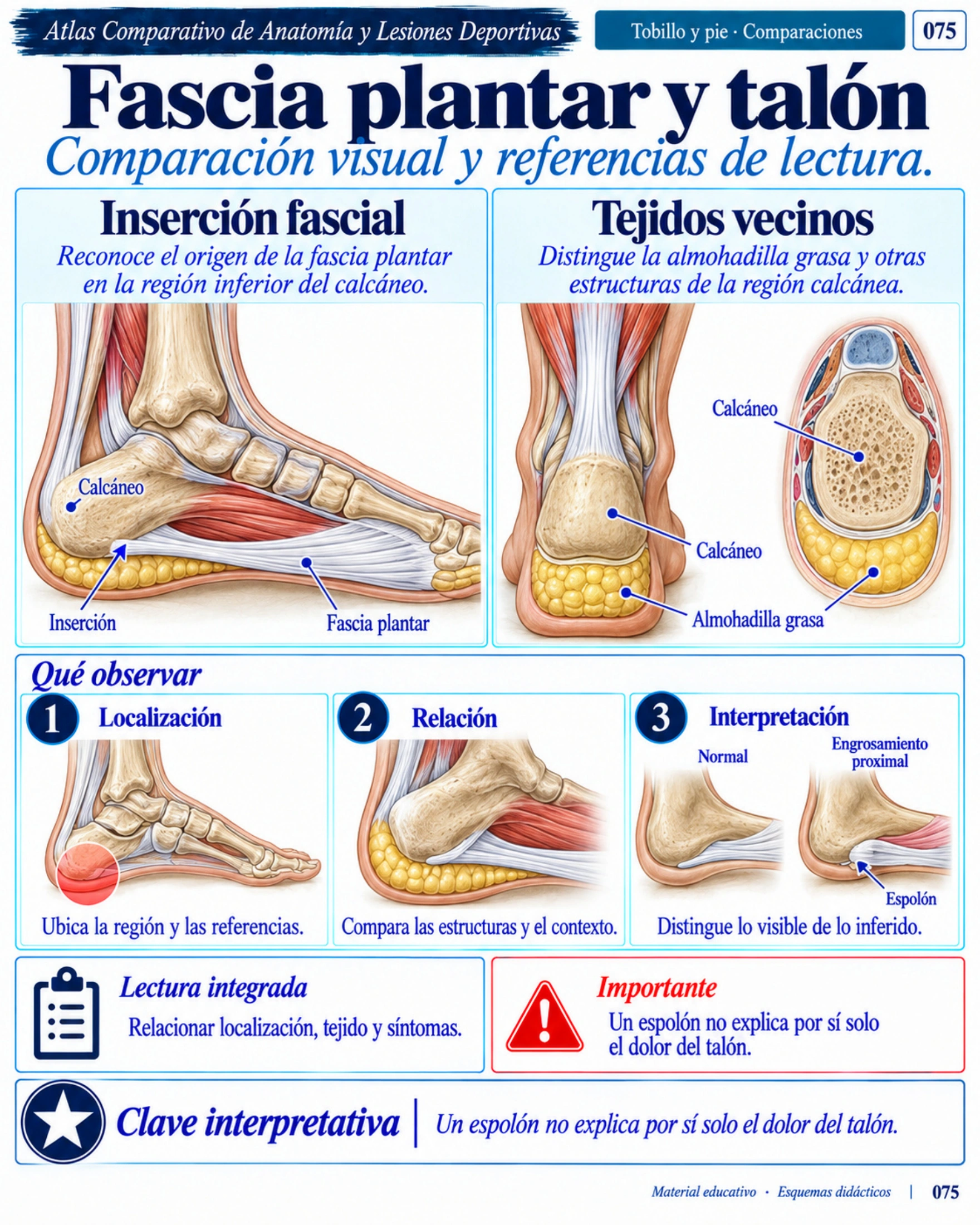 Página 75: Fascia plantar y talón. Muestra original de la biblioteca educativa de lesiones deportivas.