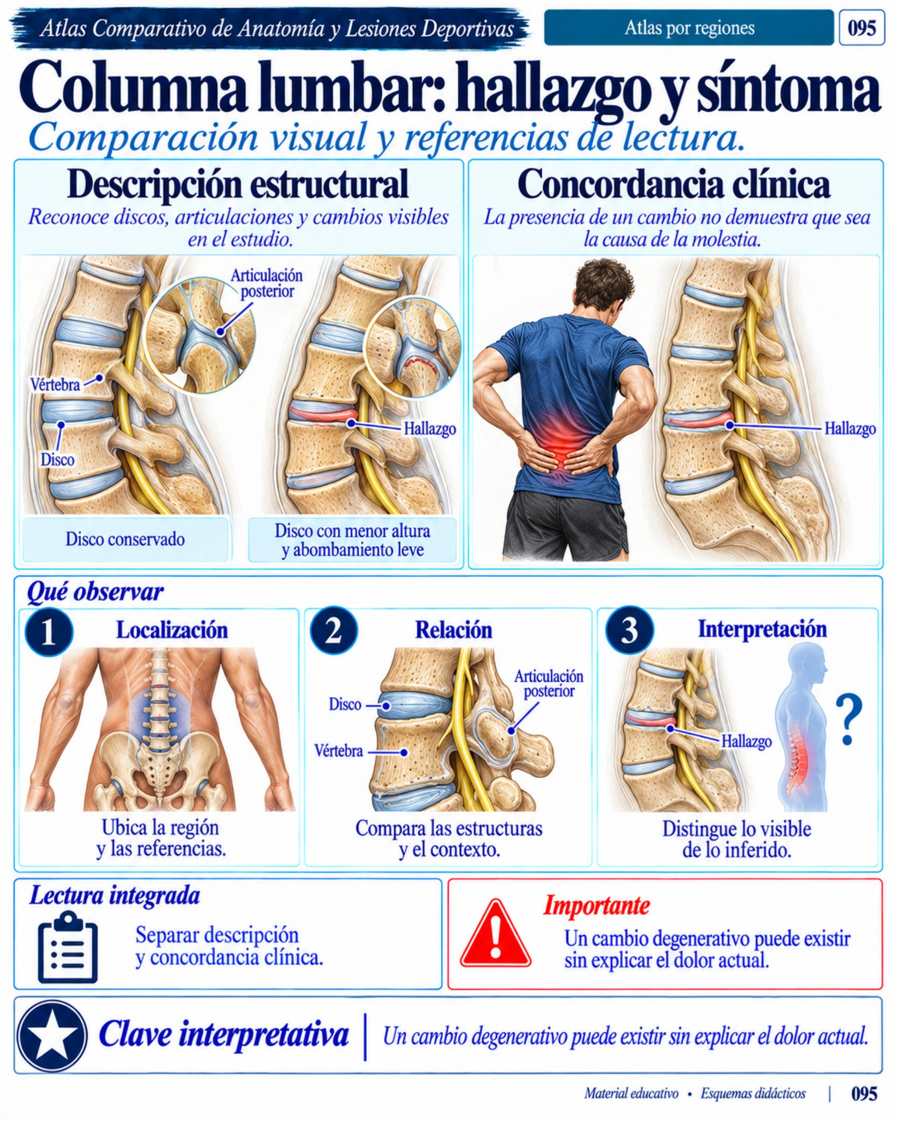 Página 95: Columna lumbar: hallazgo y síntoma. Muestra original de la biblioteca educativa de lesiones deportivas.