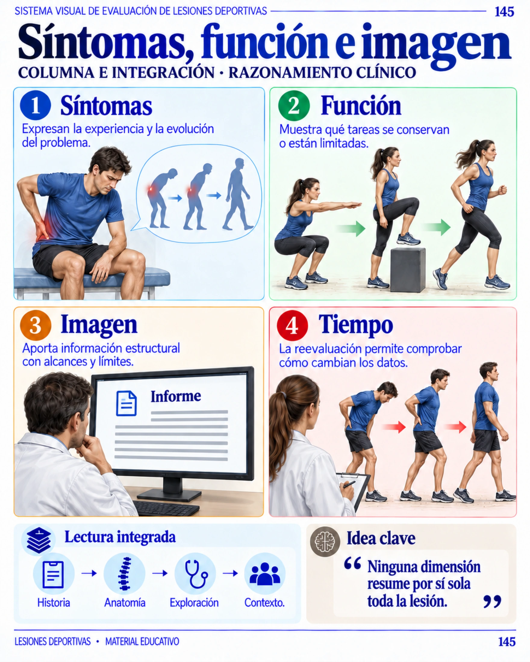 Página 145: Síntomas, función e imagen. Muestra original de la biblioteca educativa de lesiones deportivas.